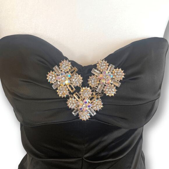 Vintage Cache Formal Black Formal Maxi Strapless Gown Rhinestone Brooch Sheer - Picture 7 of 11